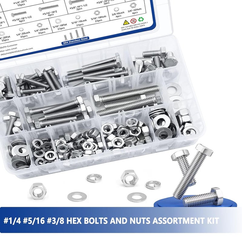 JROUTH 242PCS Hex Head Nuts and Bolts Assortment Kit,304 Stainless Steel Heavy Duty Bolts and Nuts Kit-1/4-20, 5/16-18,3/8-16, 10 Common Sizes Assorted Nuts and Bolts Flat & Lock Washers with Case - Image 4